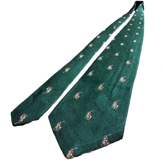 Vintage 90s Polo by Ralph Lauren Green Silk Tie with Embroidered Polo Player - Picture 2 of 10